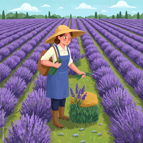 Woman Harvesting Lavender in Field on Sunny Day with Straw Hat