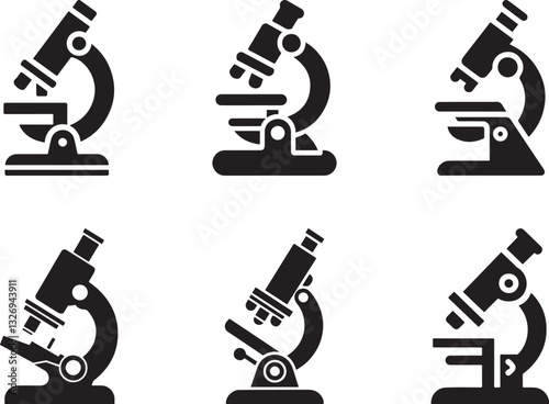 A set of six simple, black microscope icons on a white background.