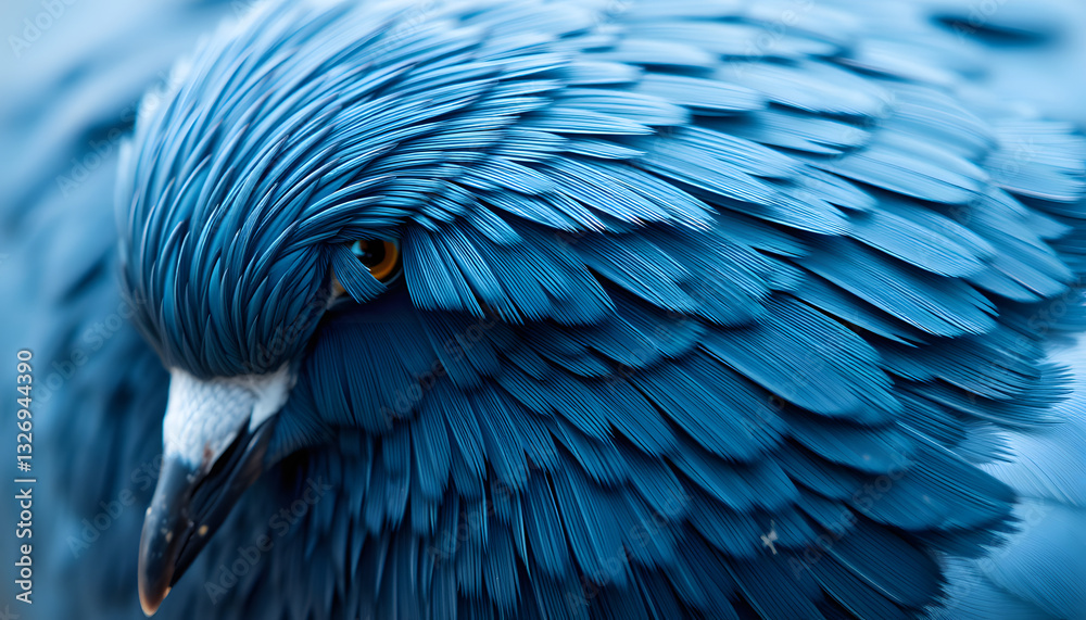 Obraz premium blue feather pigeon macro photo. texture or background, magazine photoshoot. White tone