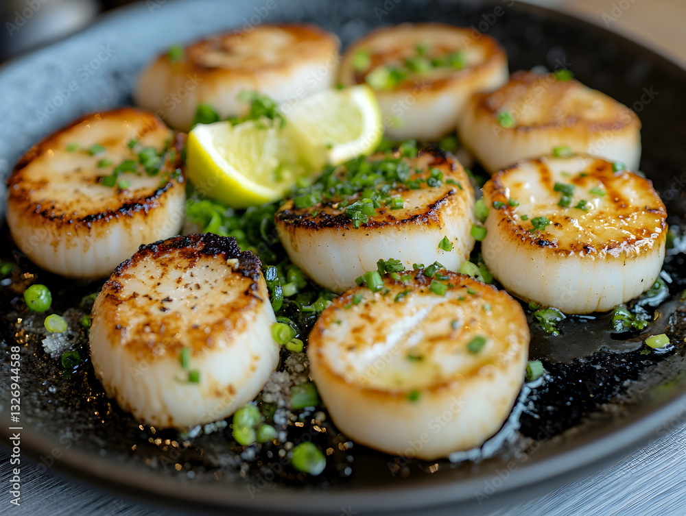 A succulent grilled scallop dish with a miso-butter glaze. A succulent grilled scallop dish with a miso-butter glaze.