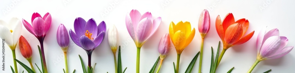 Top view of delicate crocus flowers in various shades on clean white backdrop, growth, garden Top view of delicate crocus flowers in various shades on clean white backdrop, growth, garden