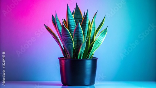 Futuristic Snake Plant in Matte Black Pot with Neon Green Accents - Stock Photo