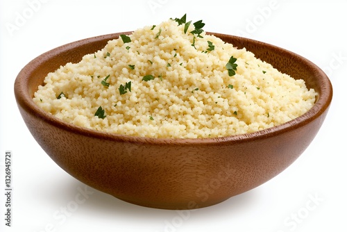 Pale Yellow Couscous in Rustic Terracotta Bowl with Parsley Garnish