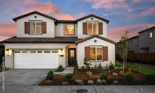 Two-story house stands in neighborhood at sunset. Plants are in the front yard