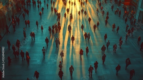 Crowded city street at sunset