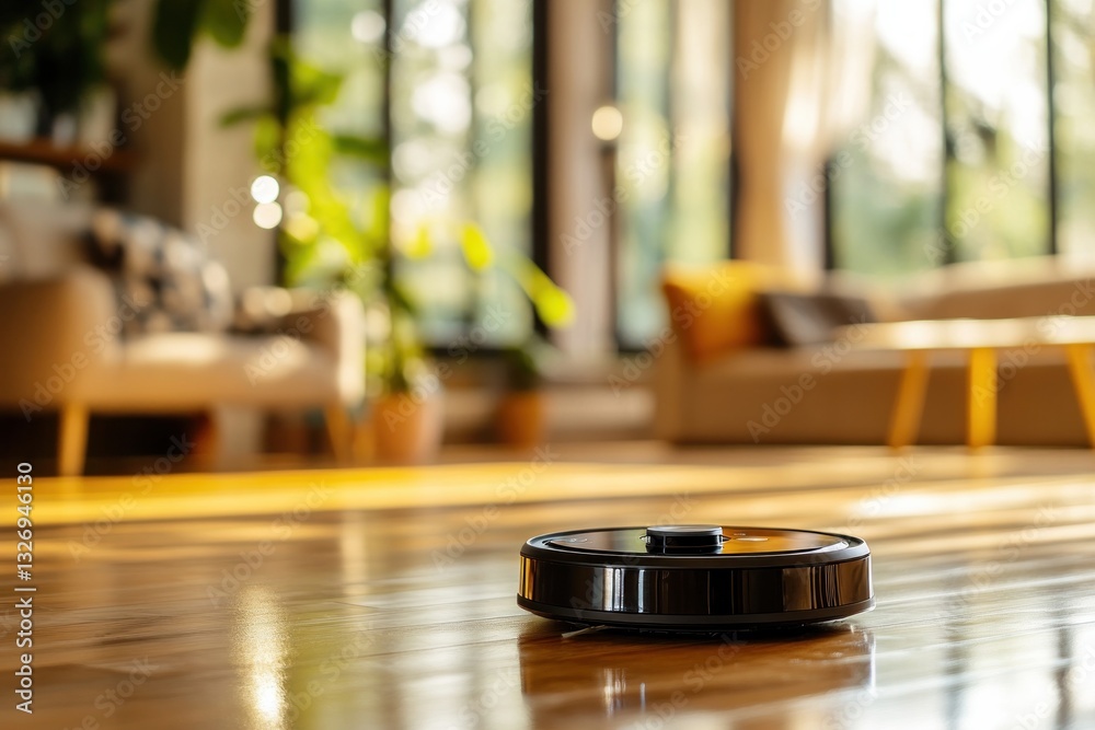 Obraz premium Modern home interior with sunlit living room and robotic vacuum cleaner on wooden floor.