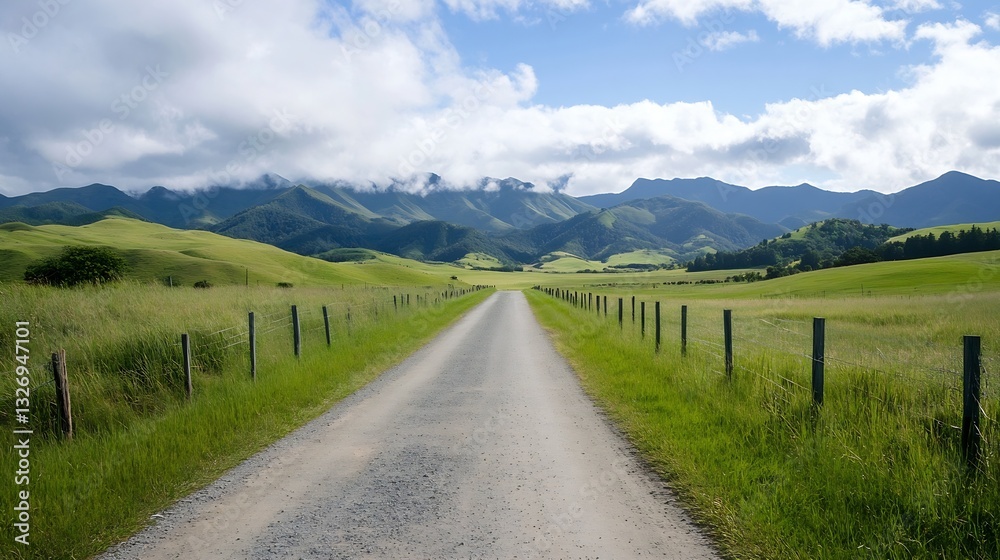 Fototapeta premium Scenic View of a Gravel Road Surrounded by Lush Green Hills and Majestic Mountains Under a Bright Blue Sky : Generative AI