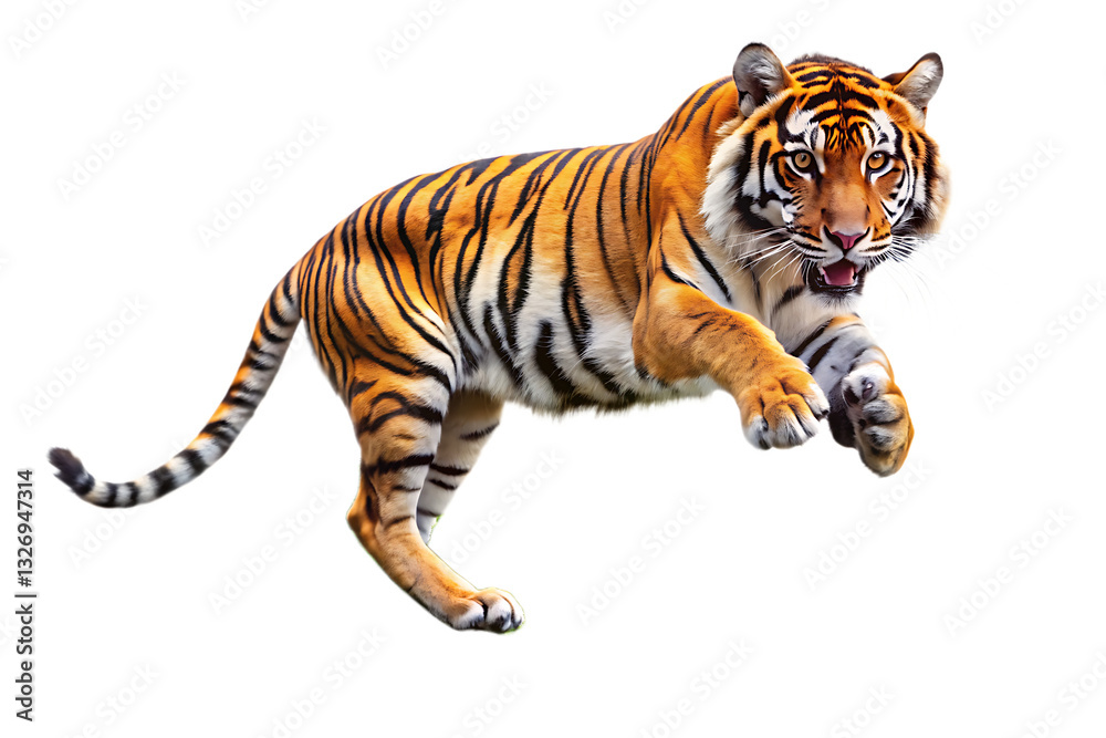 Majestic Tiger Jumping from Shrubbery isolated on white background as transparent. PNG.AI GENERATED Majestic Tiger Jumping from Shrubbery isolated on white background as transparent. PNG.AI GENERATED