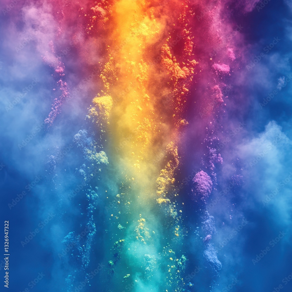 Fototapeta premium Vibrant explosion of colorful powder creating a mesmerizing rainbow effect against a deep blue sky background