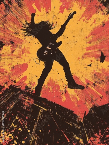 Energetic Silhouette of a Musician Playing Guitar on an Abstract Background, Symbolizing Passion and Rock Music. Ideal for Music Festival Posters, Album Covers, and Concert Promotions.