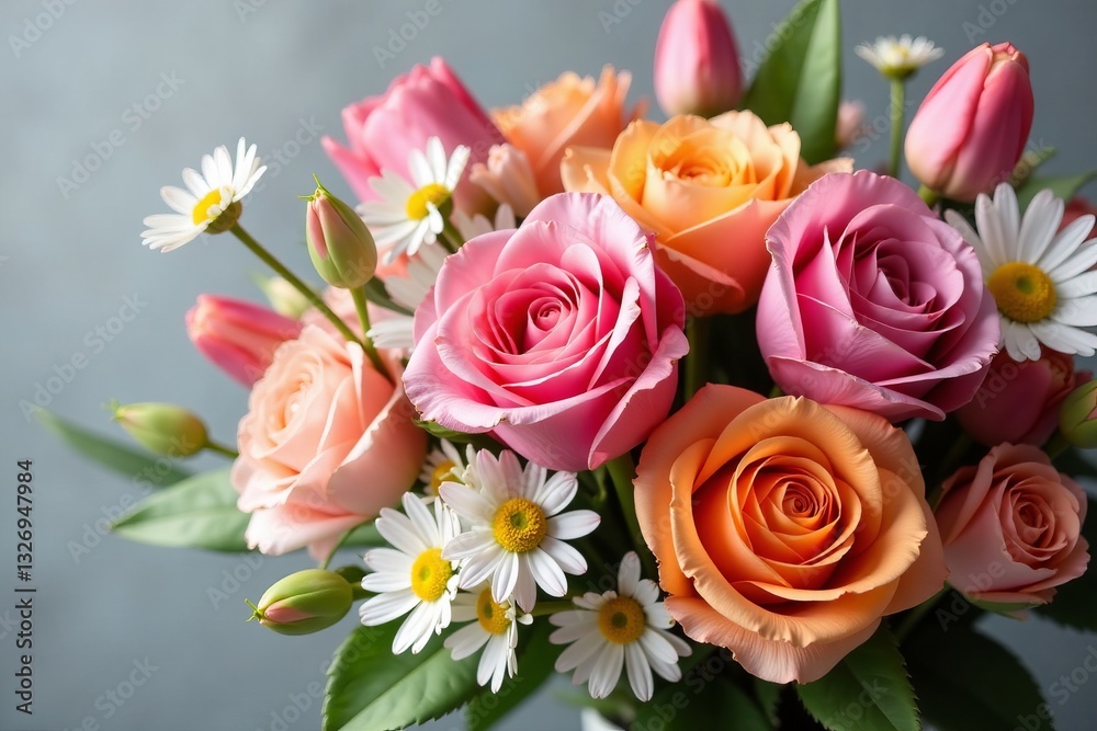 Vibrant floral bouquet with roses, daisies, and tulips blooming together, arrangement, blooms Vibrant floral bouquet with roses, daisies, and tulips blooming together, arrangement, blooms
