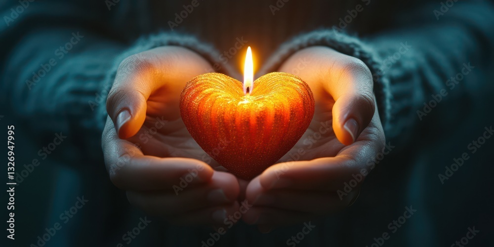Heart-shaped candle held in warm hands during a cozy evening celebration with soft lighting Heart-shaped candle held in warm hands during a cozy evening celebration with soft lighting