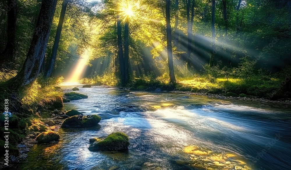 Naklejka premium Sunlight streams through forest canopy onto a tranquil river.