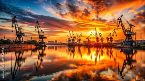 Gdansk Sunset: Port Cranes Reflecting on the Martwa Wisla River