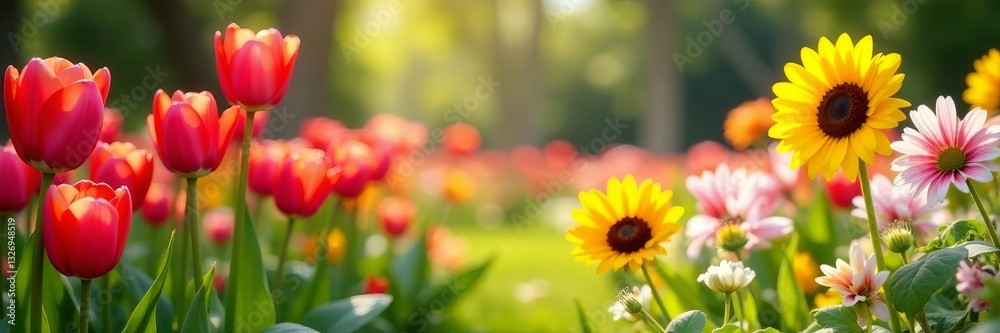Fototapeta premium Vibrant garden of tulips, daisies, and sunflowers on a sunny day, colorful, sunflowers