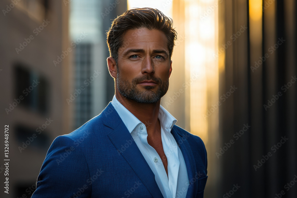 Man in blue suit, standing confidently in front of modern office building, looking towards the camera with a determined expression. Man in blue suit, standing confidently in front of modern office building, looking towards the camera with a determined expression.