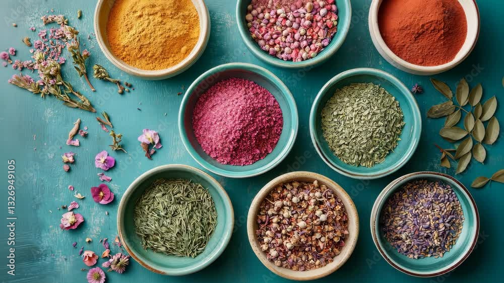 Vibrant assortment of colorful spices and herbs in decorative bowls on rustic green table
