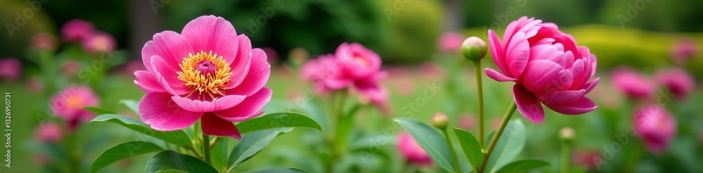 Vibrant peonies in full bloom against greenery in public garden, summer, vibrant Vibrant peonies in full bloom against greenery in public garden, summer, vibrant