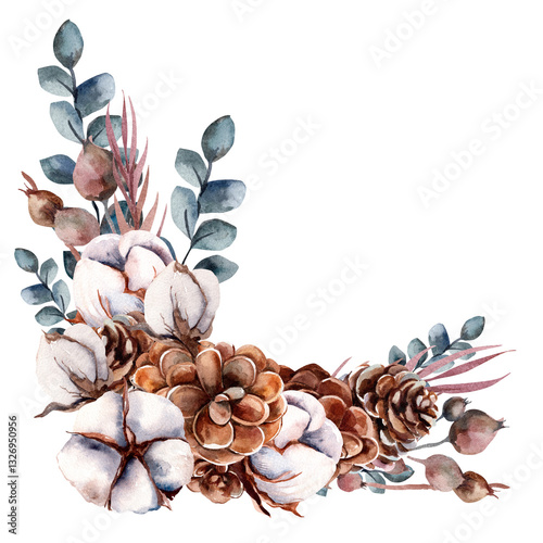 composition of cotton buds and dried flowers. Watercolor illustration on white background.