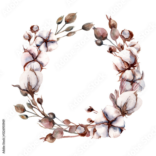 Round frame of cotton flowers, lavender and dried flowers. Watercolor illustration on white background.