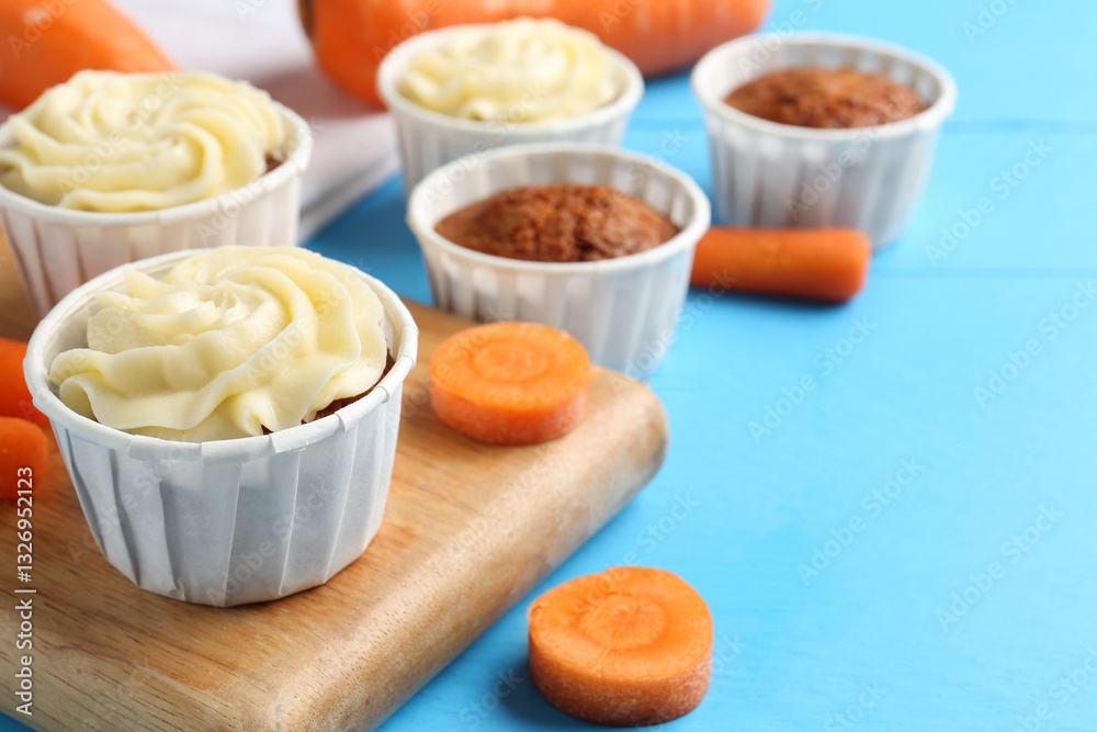 Tasty carrot muffins with fresh vegetables on light blue wooden table, closeup. Space for text Tasty carrot muffins with fresh vegetables on light blue wooden table, closeup. Space for text
