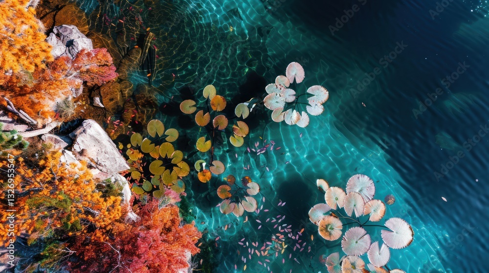 Serene Aerial View of Colorful Lily Pads in Clear Blue Water Serene Aerial View of Colorful Lily Pads in Clear Blue Water