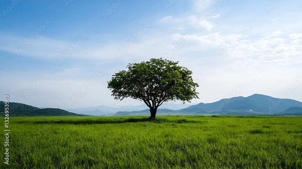 Solitary tree standing tall in a lush green field against a clear blue sky : Generative AI Solitary tree standing tall in a lush green field against a clear blue sky : Generative AI