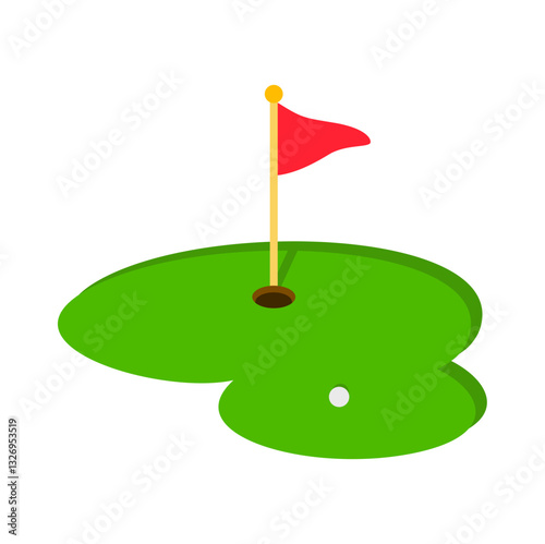 Golf course green with ball and red flag logo icon isolated on white background. Vector illustration