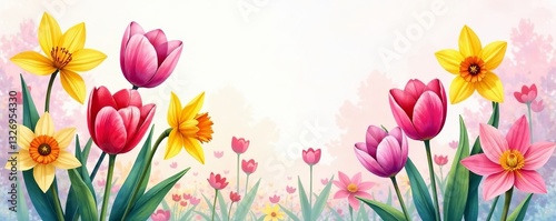 Vibrant watercolor painting of tulips, daffodils, and cherry blossoms, nature, bloom