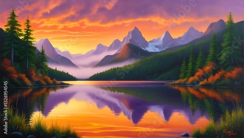 A breathtaking sunset over a tranquil mountain lake, with vibrant orange and purple hues reflecting on the water, surrounded by lush green forests and misty peaks
