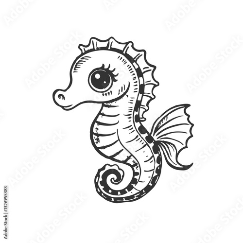 cute cartoon cheerful seahorse. silhouette seahorse Cartoon character Sea animal isolated on white background
