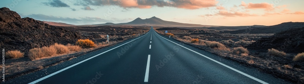 Naklejka premium Empty Road Extends Through Volcanic Landscape at Sunset