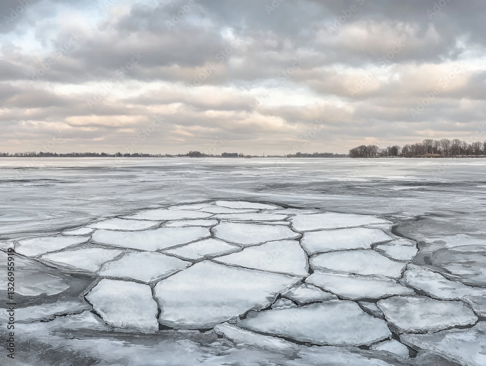 Stunning aerial view of a frozen lake with icy surface and snow-covered surroundings Stunning aerial view of a frozen lake with icy surface and snow-covered surroundings