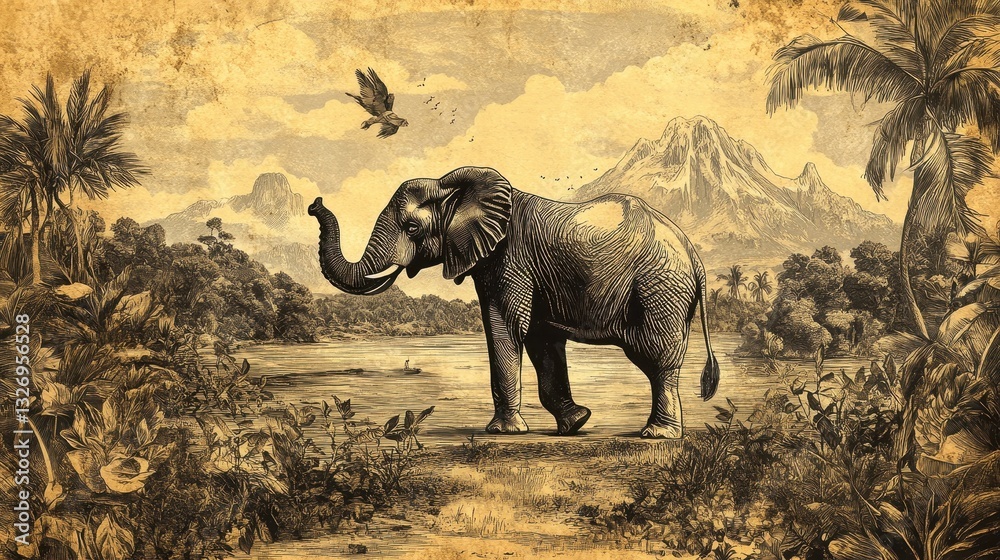 Fototapeta premium An elephant stands near a lake with a bird flying overhead