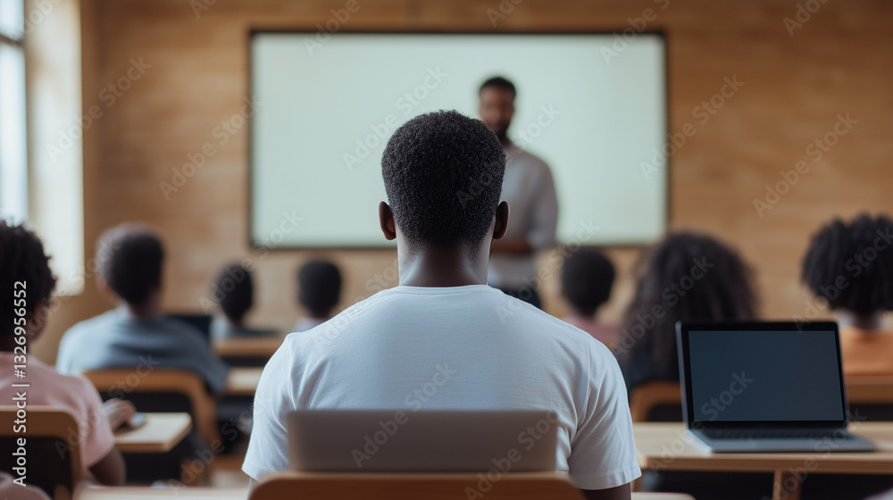 Fototapeta premium Student attending a technology-focused lecture, view from behind, large screen displaying data and analytics, modern education setting 