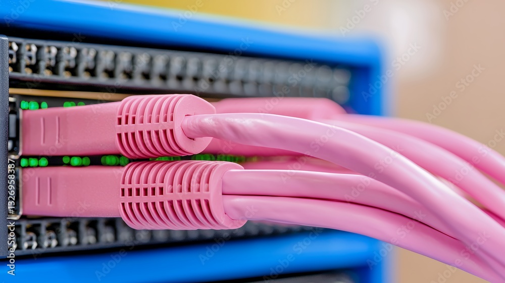 Pink Network Cables Connected to Blue Server Rack Pink Network Cables Connected to Blue Server Rack