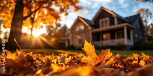 Vibrant Orange and Yellow Autumn Leaves Create a Stunning Contrast Against a Blurred House Backdrop at Sunset Generative AI
