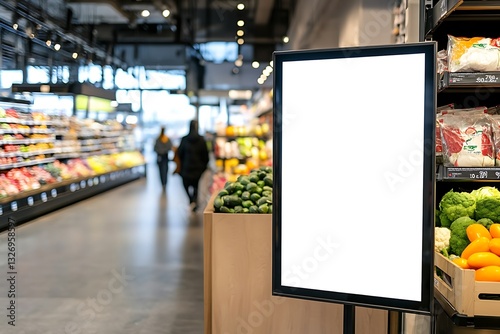 web sign in grocery core empty display for ads folks stroll in back sleek shop area with racks of goods new fruits veggies show screen for  
