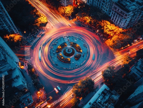 Dynamic aerial view of a vibrant city roundabout at night with light trails and urban architecture photo