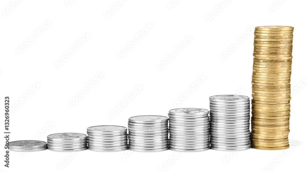 Stacks of different coins isolated on white Stacks of different coins isolated on white