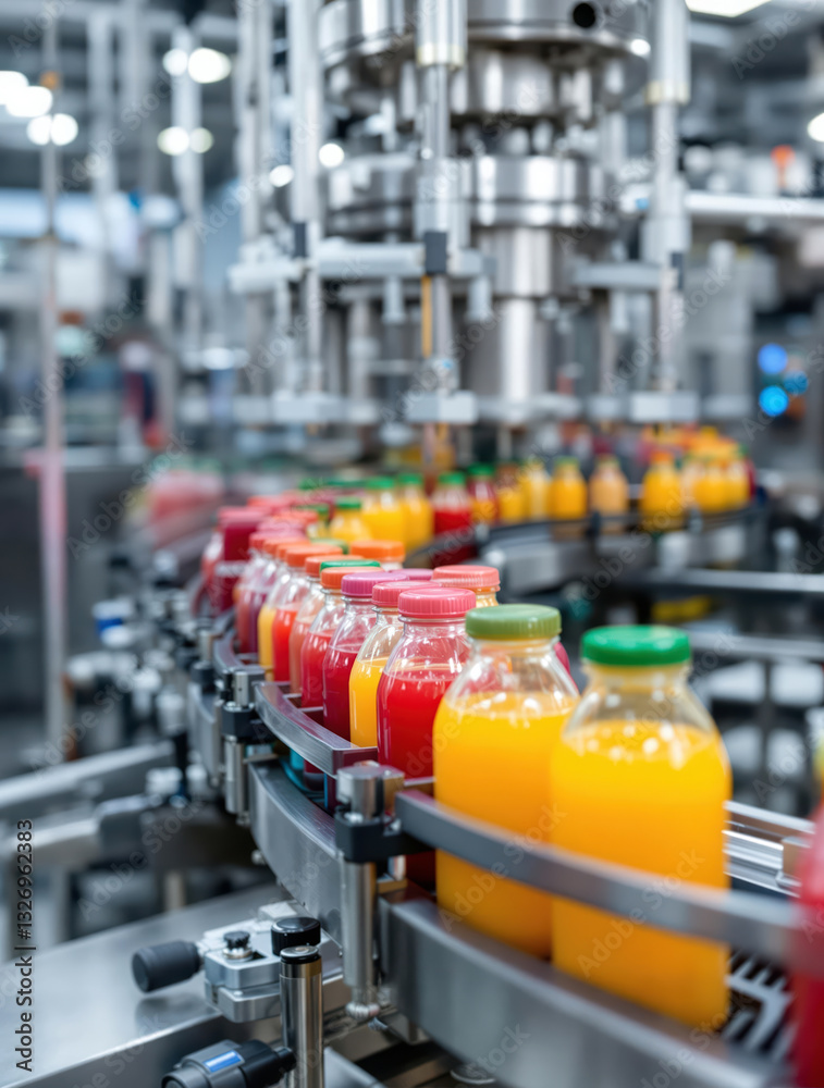 High-Resolution Image of Vibrant Fruit Juice Production in Clean Stainless Steel Industrial Facility High-Resolution Image of Vibrant Fruit Juice Production in Clean Stainless Steel Industrial Facility