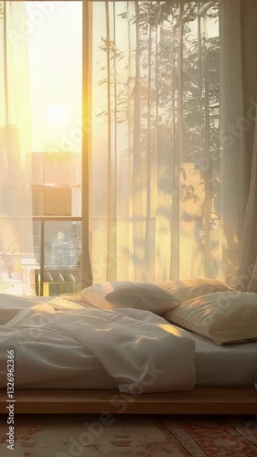 Morning sunlight fills the cozy bedroom with warmth and tranquility while birds chirp outside