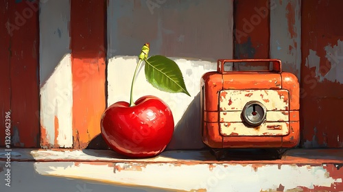 Sunlit Cherry, Retro Radio, Rustic Shelf