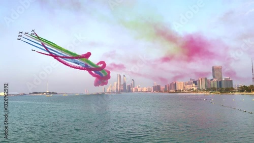 Air Show Over Abu Dhabi Skyline typically for UAE National Day Celebration