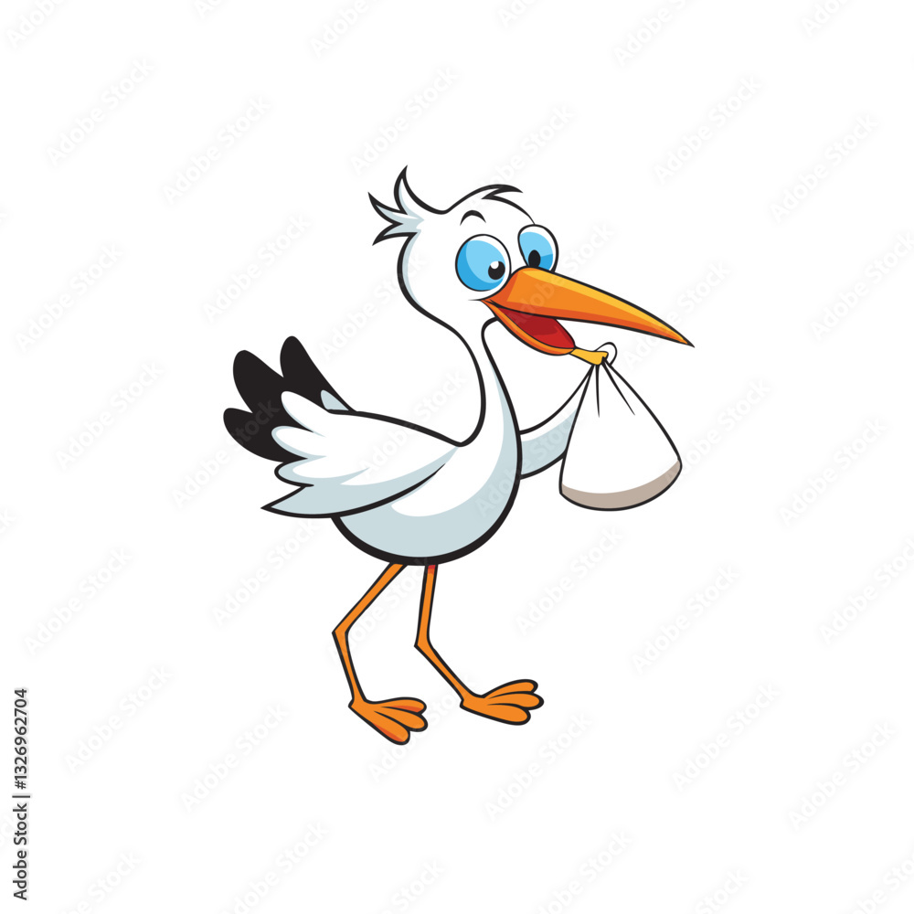 Obraz premium Baby shower card. Baby flying on top of a stork. Cute pelican cartoon vector on white background 