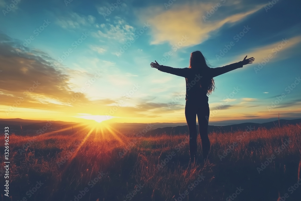 Fototapeta premium A silhouetted figure stands in a field with arms outstretched, facing a vibrant sunset over rolling hills and a colorful sky.