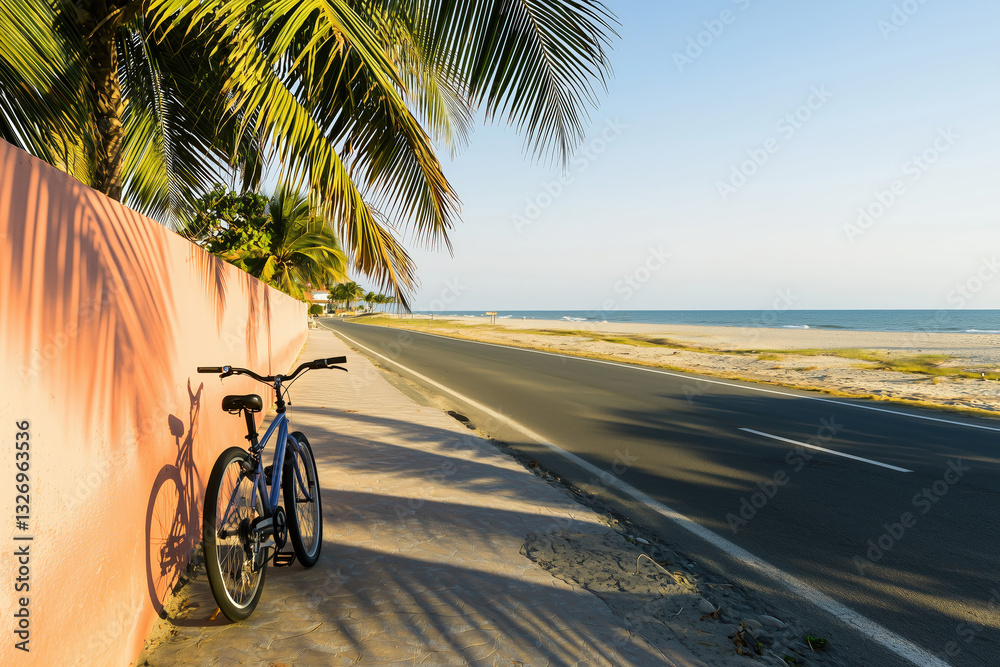 Fototapeta premium Bicycle Pink Wall Palm Shadow Beach Road Tropical Spring Break Travel