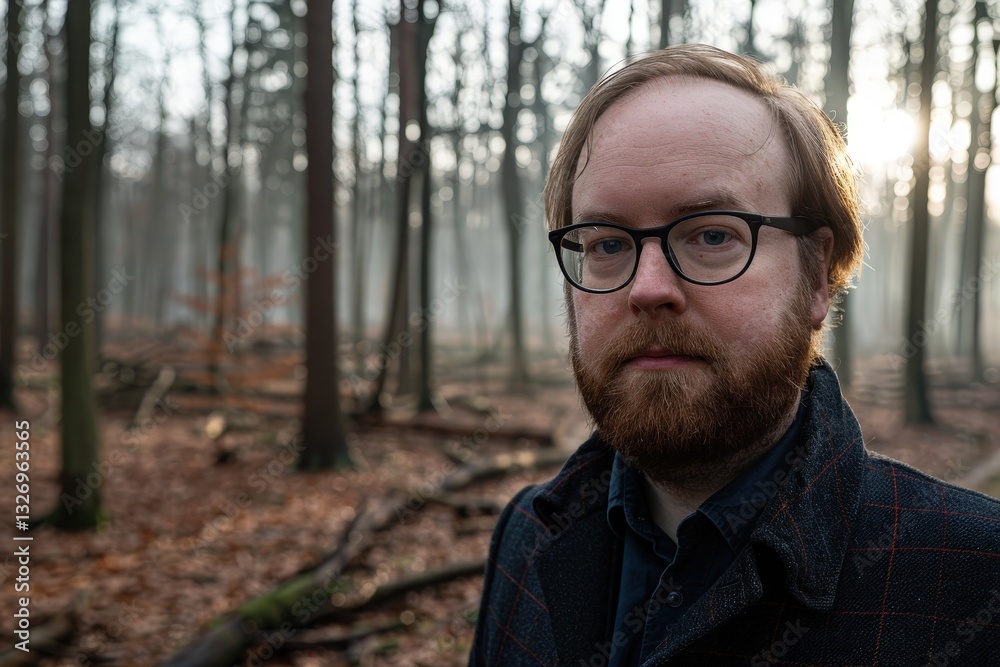 A man with glasses and a beard stands in a forest A man with glasses and a beard stands in a forest