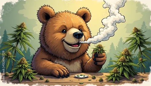 Bear Animal smoking ganja weed illustration.