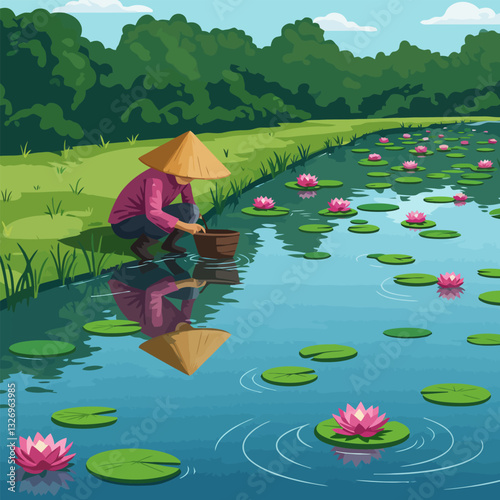 Collecting Lily Pads in Pond by Person Wearing Traditional Hat